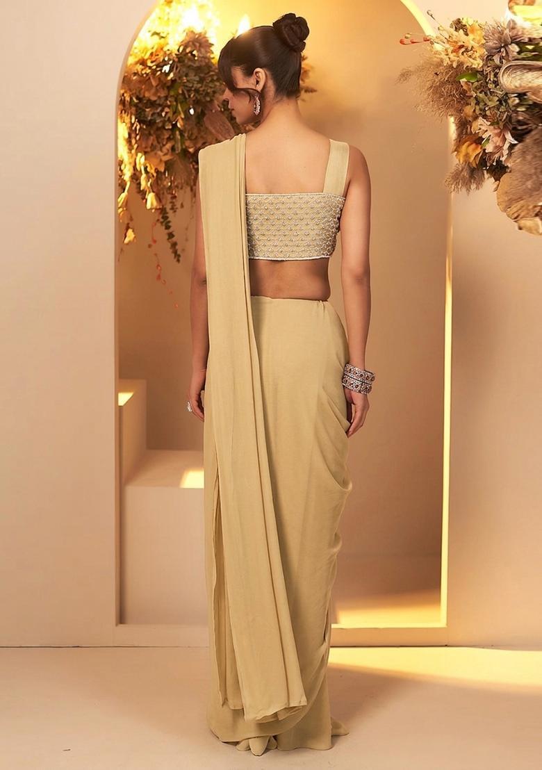 Cream Yellow Handwork Pre Draped Saree Set - Indya