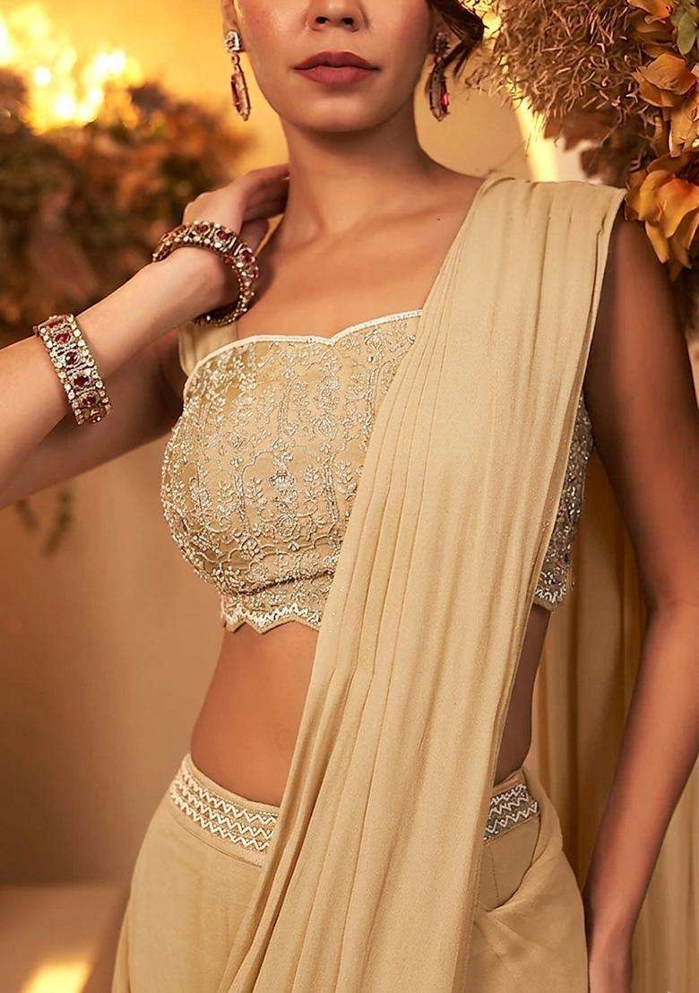 Cream Yellow Handwork Pre Draped Saree Set - Indya