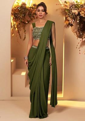 Mehendi Green Handwork Pre Draped Saree Set