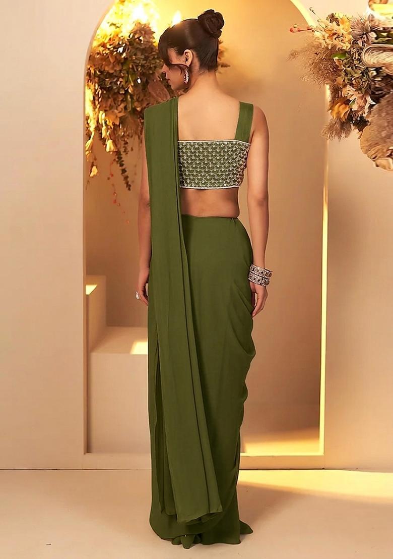 Mehendi Green Handwork Pre Draped Saree Set - Indya