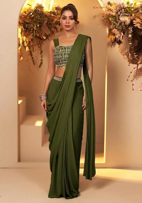 Green Embroidered Handwork Pre Draped Saree Set
