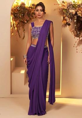Royal Purple Handwork Pre Draped Saree Set