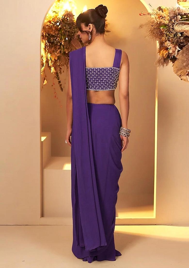 Royal Purple Handwork Pre Draped Saree Set - Indya