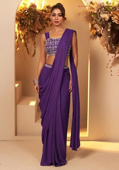 Purple Embroidered Handwork Pre Draped Saree Set