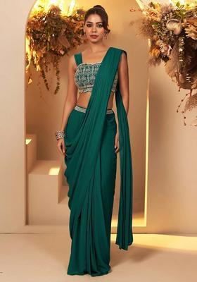 Teal Green Handwork Pre Draped Saree Set