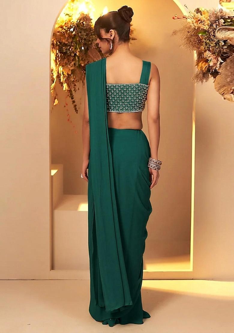 Teal Green Handwork Pre Draped Saree Set - Indya