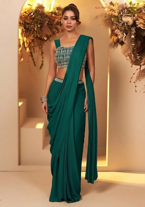 Green Embroidered Handwork Pre Draped Saree Set
