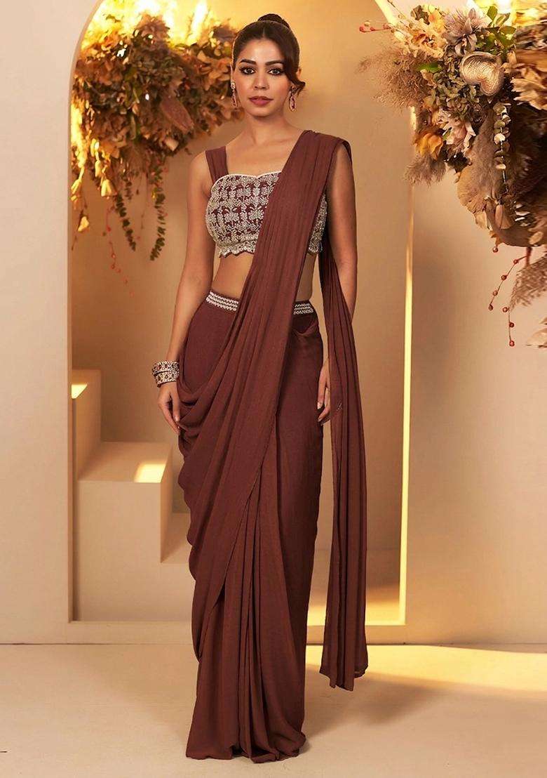 Chocolate Brown Handwork Pre Draped Saree Set - Indya
