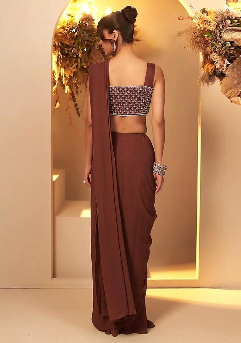 Chocolate Brown Handwork Pre Draped Saree Set - Indya