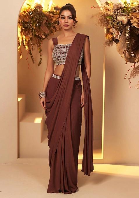 Brown Embroidered Handwork Pre Draped Saree Set