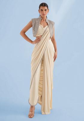 Ivory White Handwork Pre Draped Saree Set