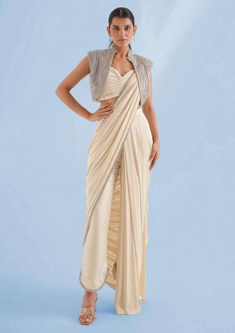 Ivory White Handwork Pre Draped Saree Set - Indya