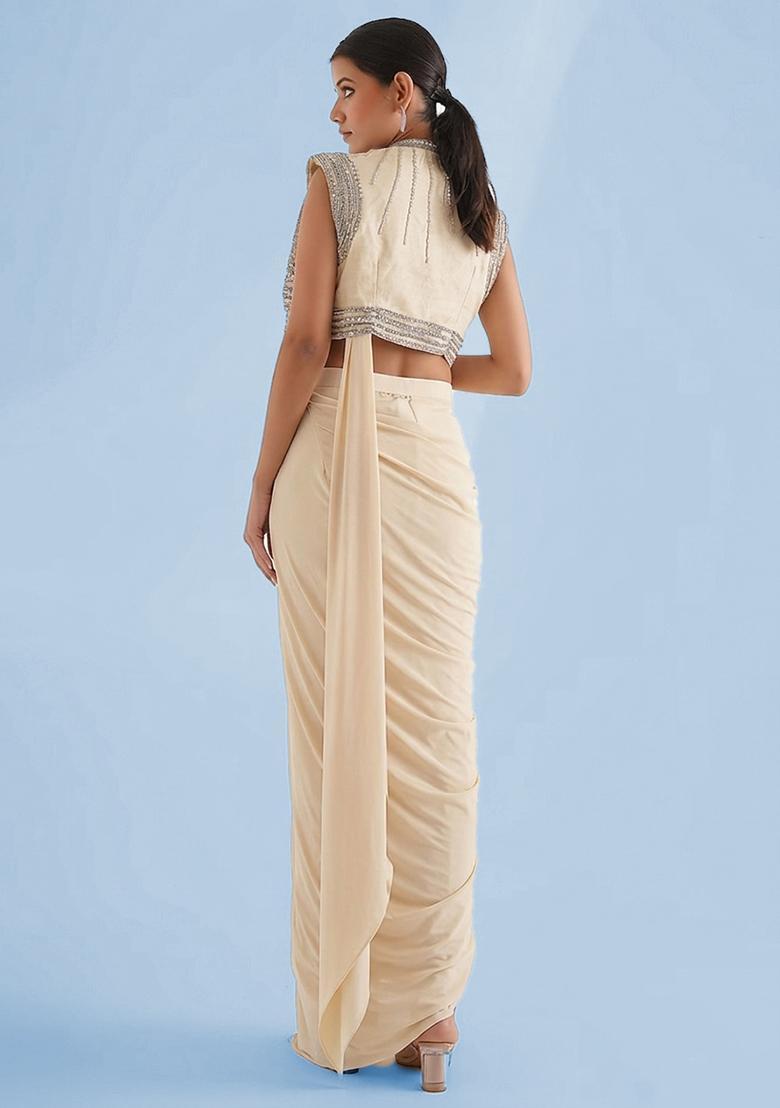 Ivory White Handwork Pre Draped Saree Set - Indya