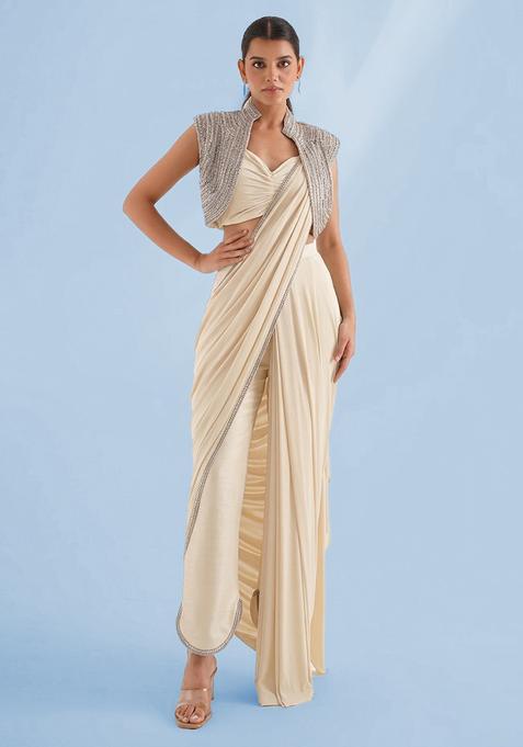 Ivory White Embroidered Handwork Fusion Set