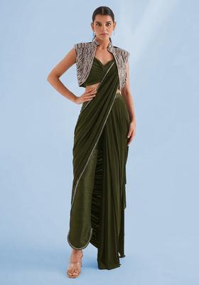 Olive Green Handwork Pre Draped Saree Set