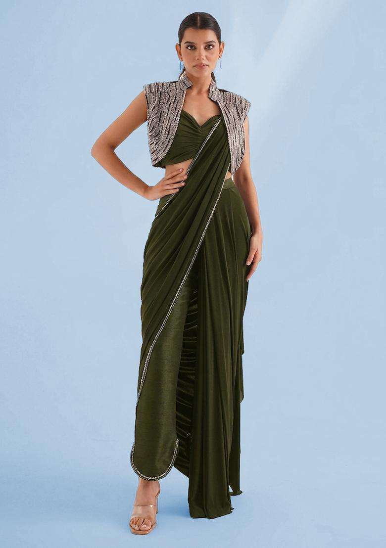 Olive Green Handwork Pre Draped Saree Set - Indya