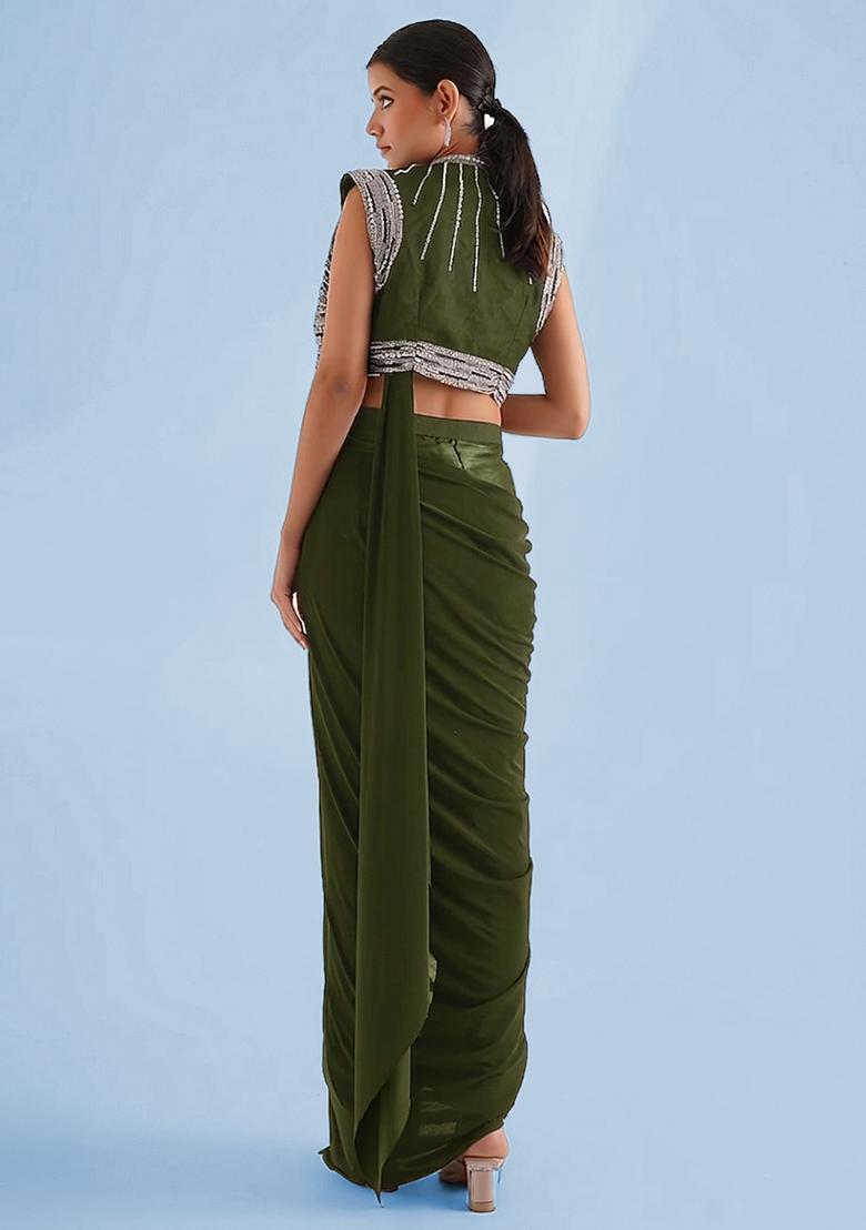 Olive Green Handwork Pre Draped Saree Set - Indya