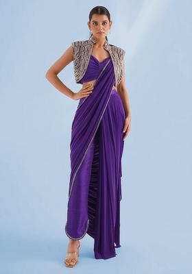 Royal Purple Handwork Pre Draped Saree Set