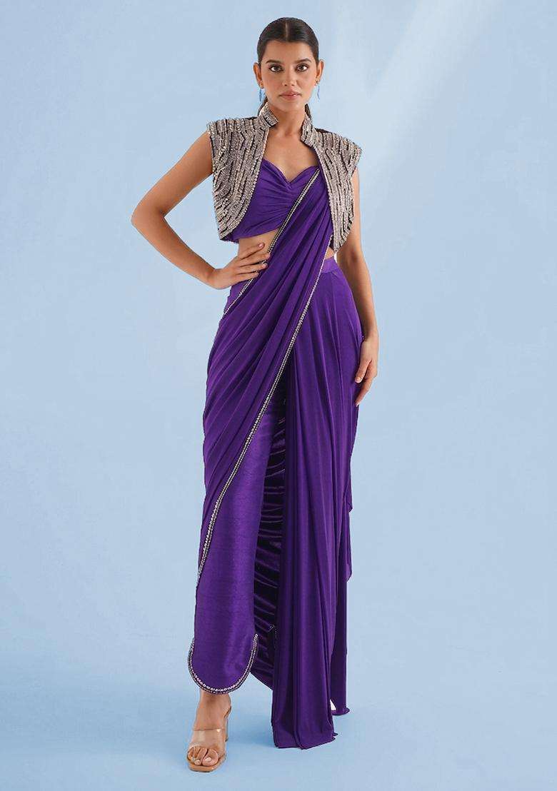 Royal Purple Handwork Pre Draped Saree Set - Indya