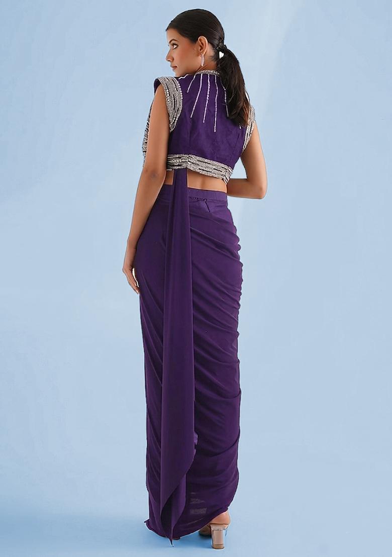 Royal Purple Handwork Pre Draped Saree Set - Indya