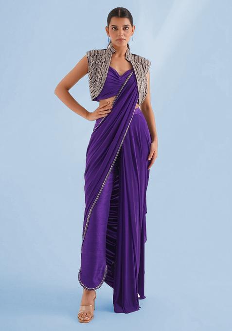 Purple Embroidered Handwork Fusion Set