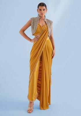 Mustard Yellow Handwork Pre Draped Saree Set