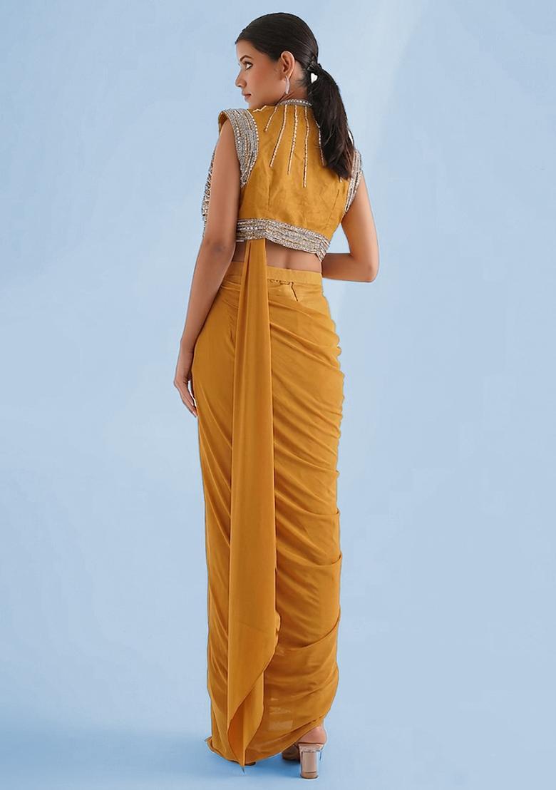 Mustard Yellow Handwork Pre Draped Saree Set - Indya