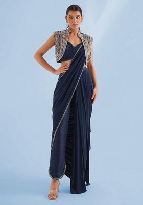Navy Blue Handwork Pre Draped Saree Set
