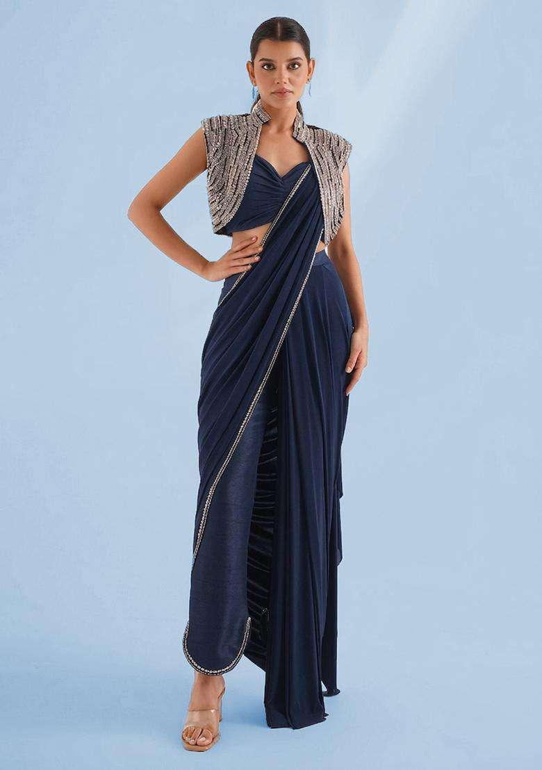 Navy Blue Handwork Pre Draped Saree Set - Indya