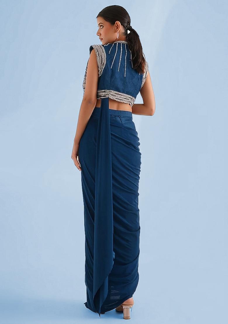 Navy Blue Handwork Pre Draped Saree Set - Indya