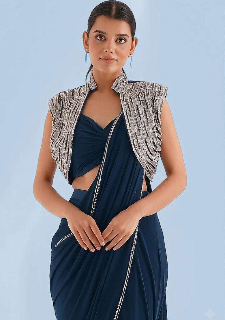Navy Blue Handwork Pre Draped Saree Set - Indya