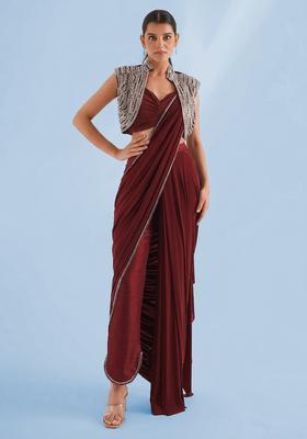 Maroon Handwork Pre Draped Saree Set