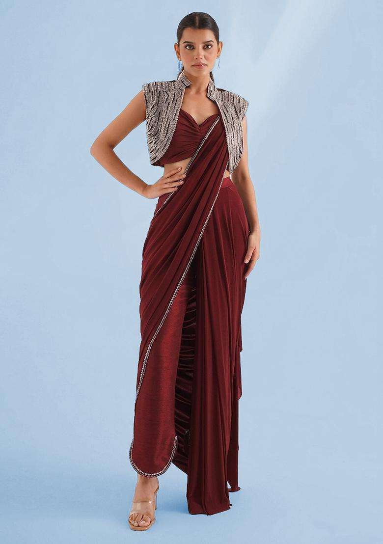 Maroon Handwork Pre Draped Saree Set - Indya