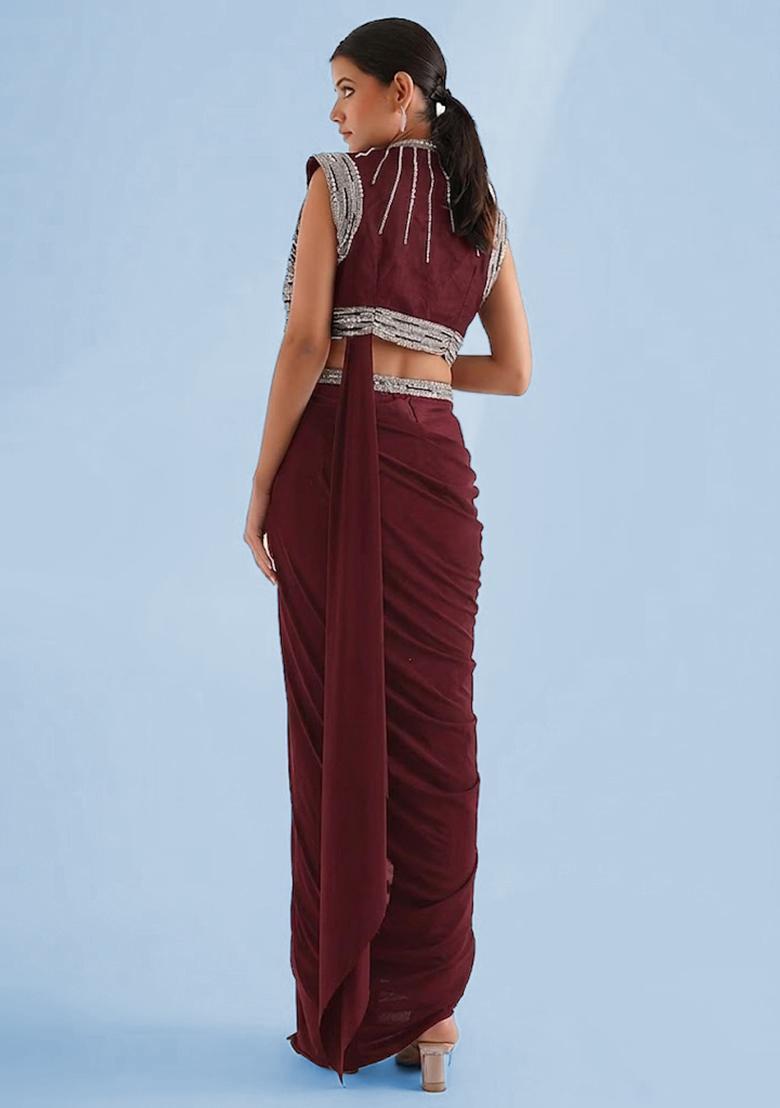 Maroon Handwork Pre Draped Saree Set - Indya