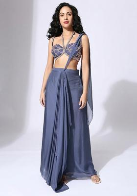 Steel Blue Handwork Pre Draped Saree Set