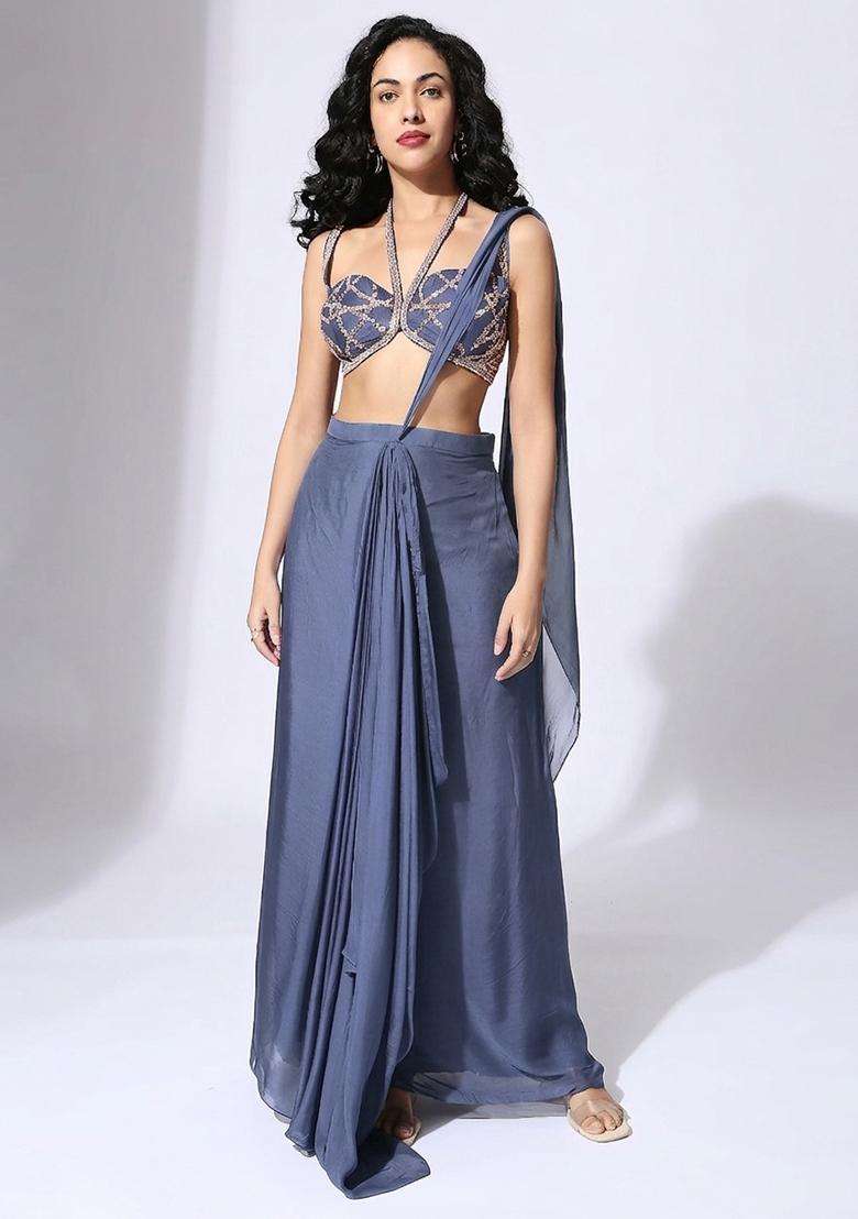 Steel Blue Handwork Pre Draped Saree Set - Indya