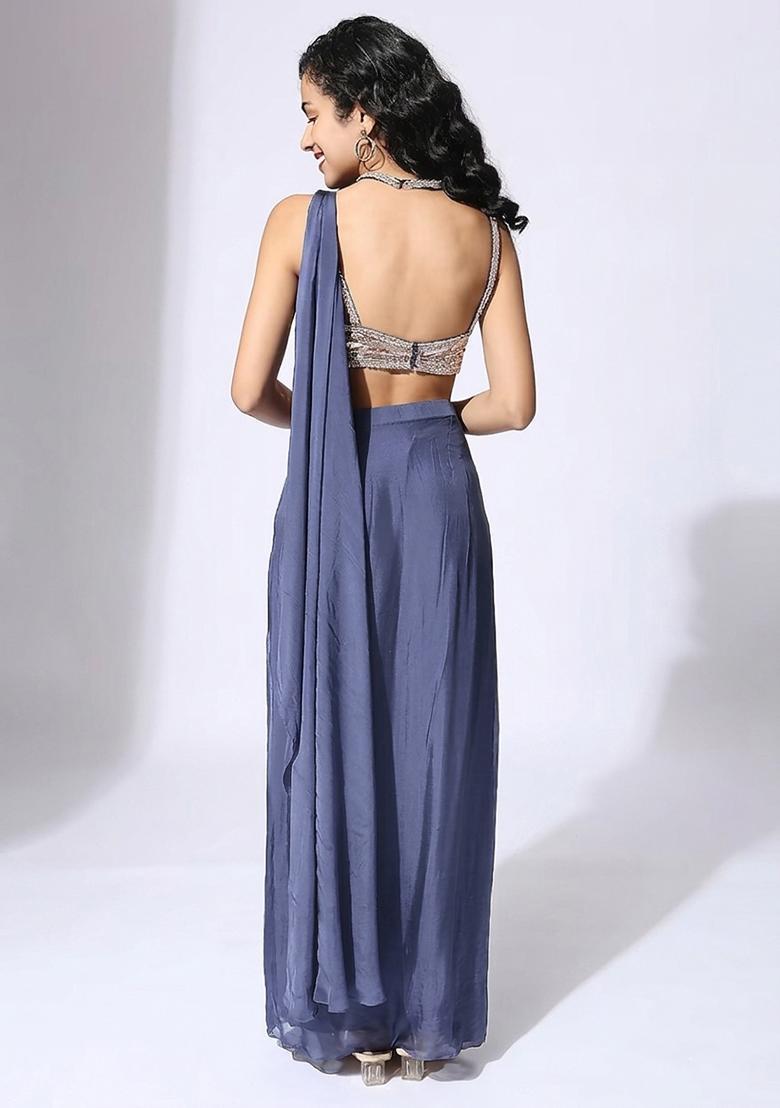 Steel Blue Handwork Pre Draped Saree Set - Indya