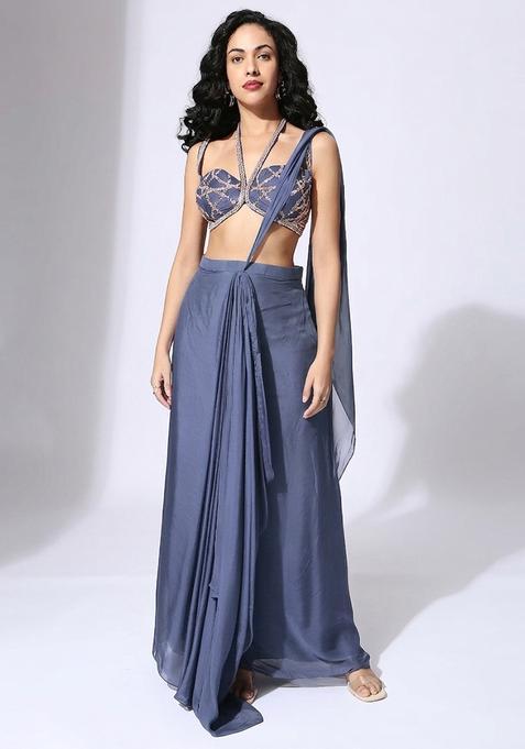 Steel Blue Embroidered Handwork Pre Draped Saree Set