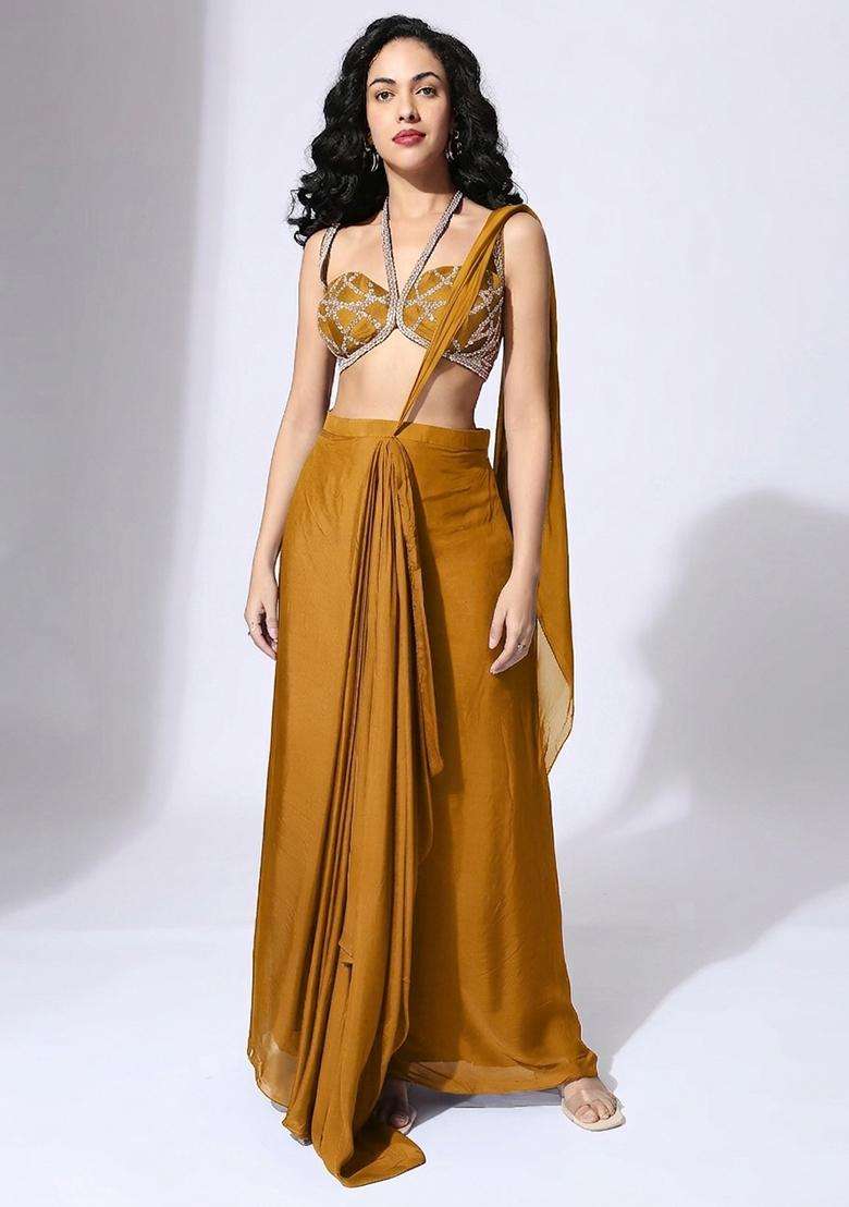 Mustard Yellow Handwork Pre Draped Saree Set - Indya