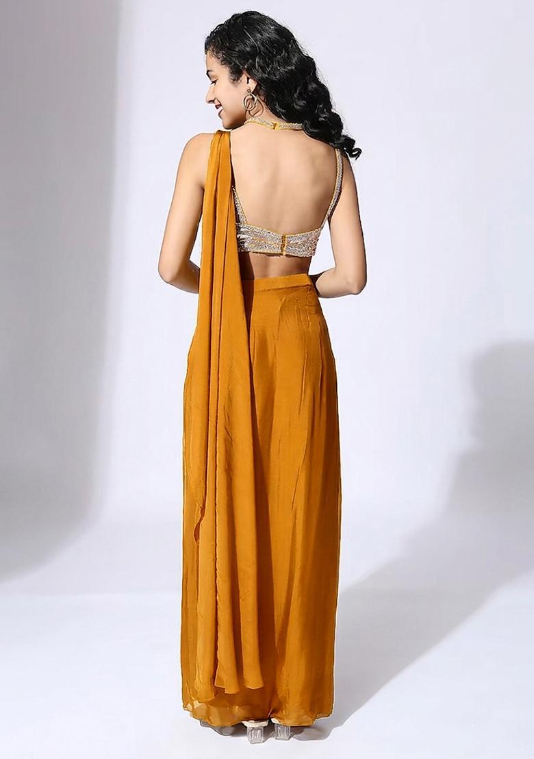 Mustard Yellow Handwork Pre Draped Saree Set - Indya