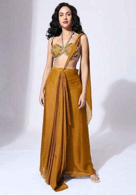 Golden Embroidered Handwork Pre Draped Saree Set