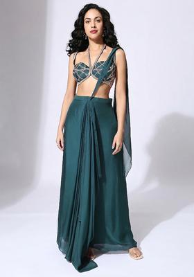 Teal Green Handwork Pre Draped Saree Set