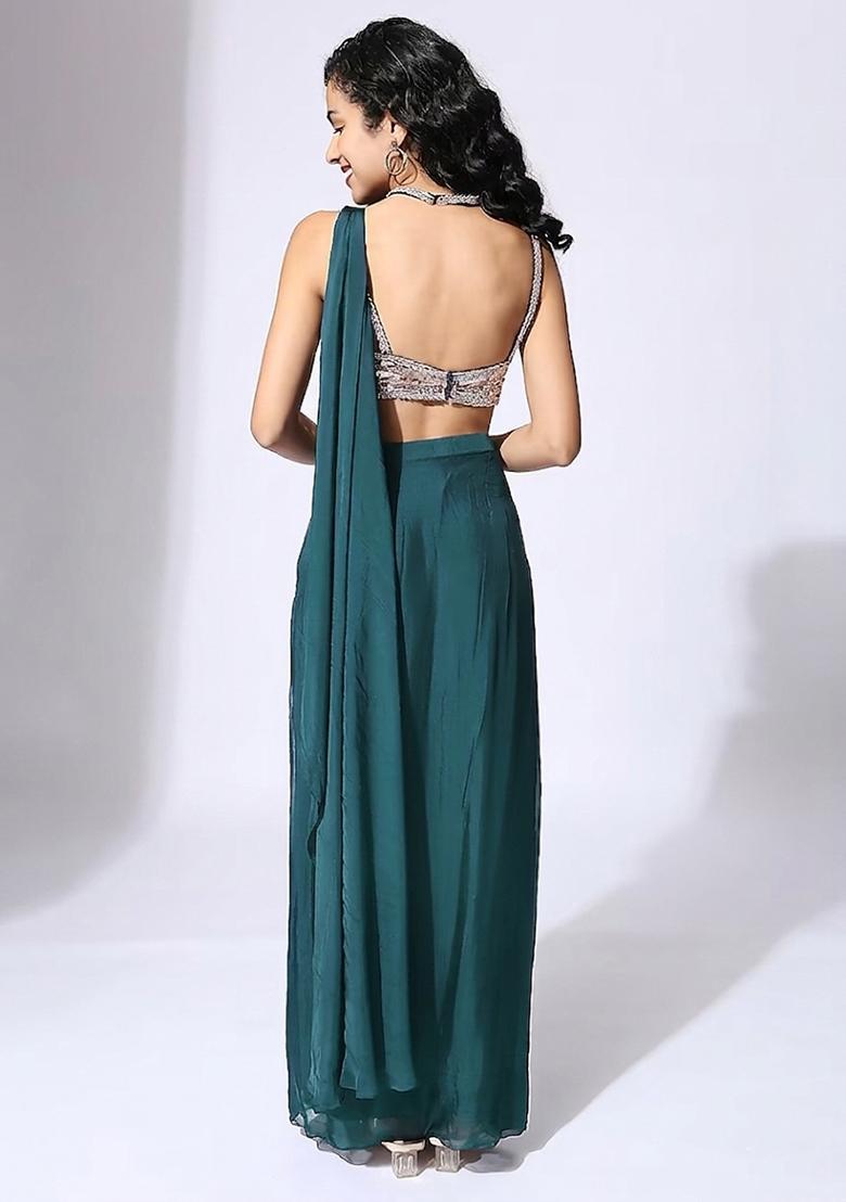 Teal Green Handwork Pre Draped Saree Set - Indya