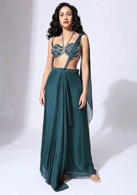 Green Embroidered Handwork Pre Draped Saree Set