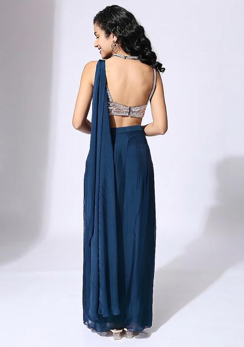 Navy Blue Handwork Pre Draped Saree Set - Indya