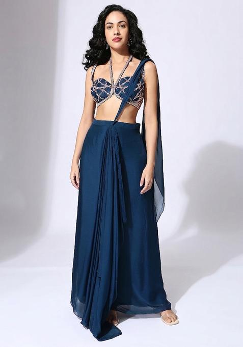 Blue Embroidered Handwork Pre Draped Saree Set