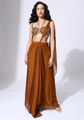Rust Brown Handwork Pre Draped Saree Set