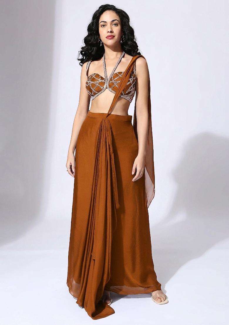 Rust Brown Handwork Pre Draped Saree Set - Indya