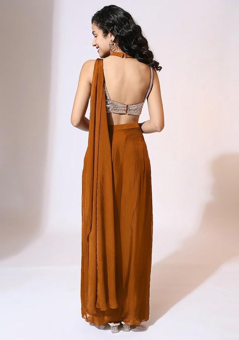 Rust Brown Handwork Pre Draped Saree Set - Indya