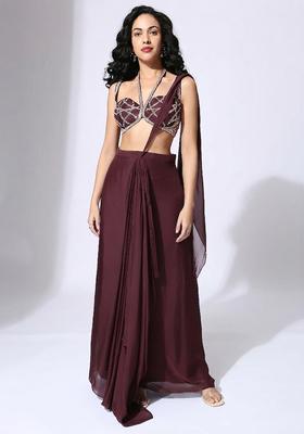 Wine Handwork Pre Draped Saree Set